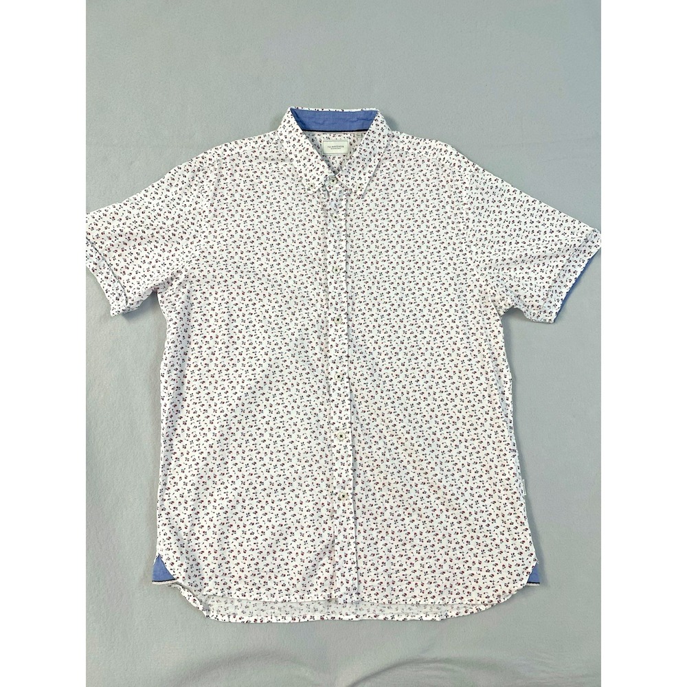 7 Diamonds Shirt Mens Lg White W/Red Flowers Short Sleeve Button Vacation Casual